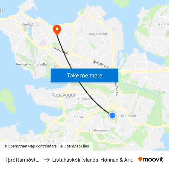 Íþróttamiðstöð Ír to Listaháskóli Íslands, Hönnun & Arkitektúr map