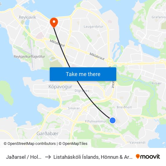 Jaðarsel / Holtasel to Listaháskóli Íslands, Hönnun & Arkitektúr map