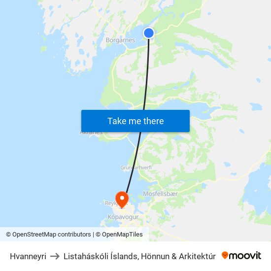 Hvanneyri to Listaháskóli Íslands, Hönnun & Arkitektúr map