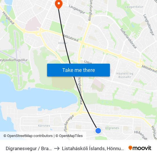 Digranesvegur / Brattabrekka to Listaháskóli Íslands, Hönnun & Arkitektúr map