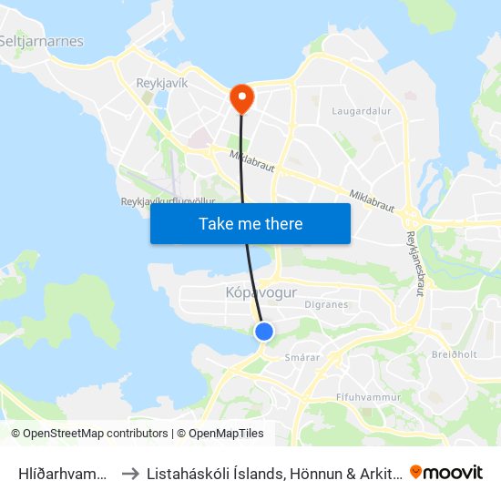 Hlíðarhvammur to Listaháskóli Íslands, Hönnun & Arkitektúr map