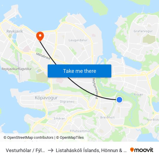 Vesturhólar / Fýlshólar to Listaháskóli Íslands, Hönnun & Arkitektúr map