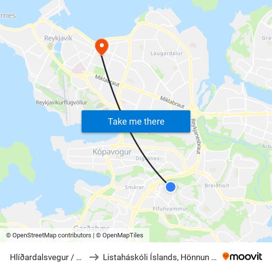 Hlíðardalsvegur / Kópalind to Listaháskóli Íslands, Hönnun & Arkitektúr map