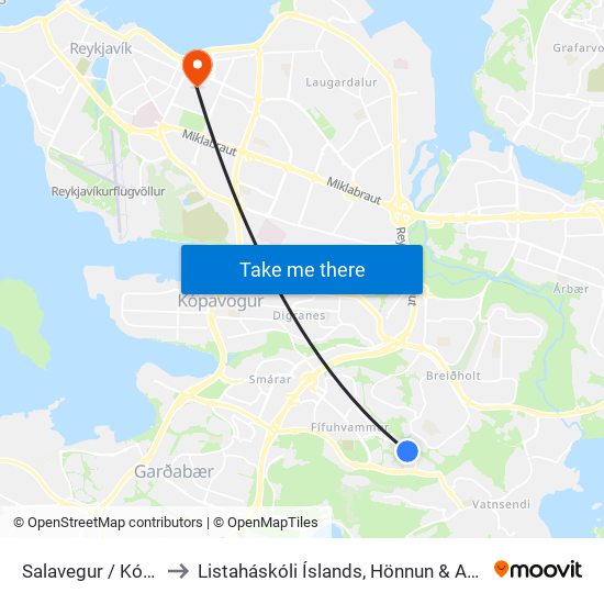 Salavegur / Kórsalir to Listaháskóli Íslands, Hönnun & Arkitektúr map