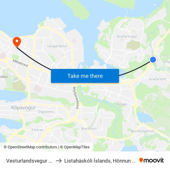 Vesturlandsvegur / Úlfarsá to Listaháskóli Íslands, Hönnun & Arkitektúr map
