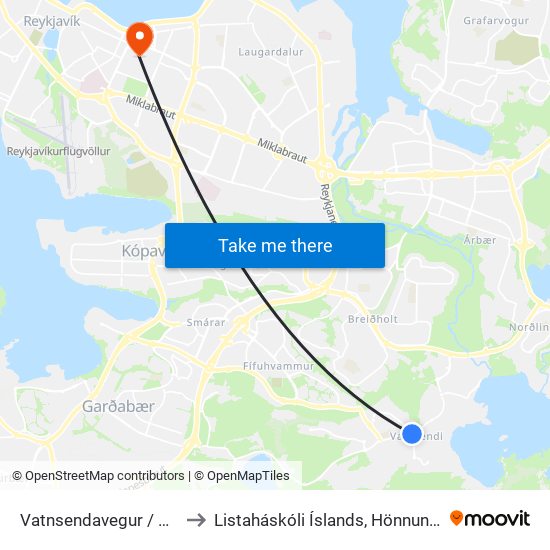 Vatnsendavegur / Kóravegur to Listaháskóli Íslands, Hönnun & Arkitektúr map