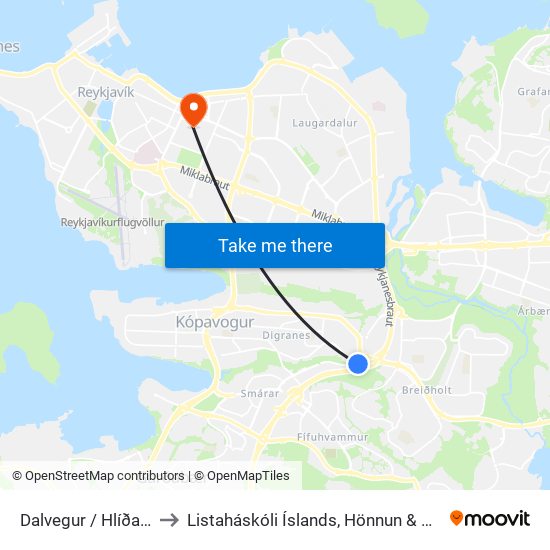 Dalvegur / Hlíðarhjalli to Listaháskóli Íslands, Hönnun & Arkitektúr map