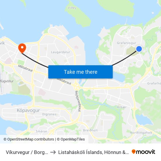 Víkurvegur / Borgavegur to Listaháskóli Íslands, Hönnun & Arkitektúr map