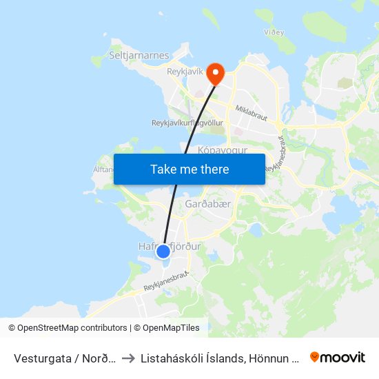 Vesturgata / Norðurbakki to Listaháskóli Íslands, Hönnun & Arkitektúr map