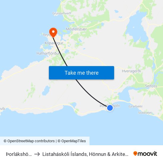 Þorlákshöfn to Listaháskóli Íslands, Hönnun & Arkitektúr map