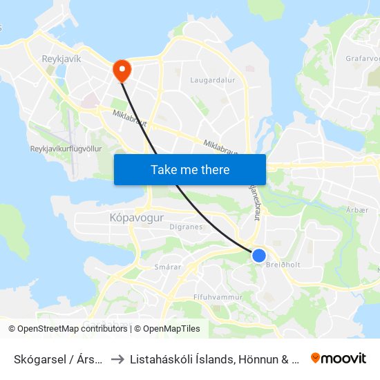 Skógarsel / Árskógar to Listaháskóli Íslands, Hönnun & Arkitektúr map