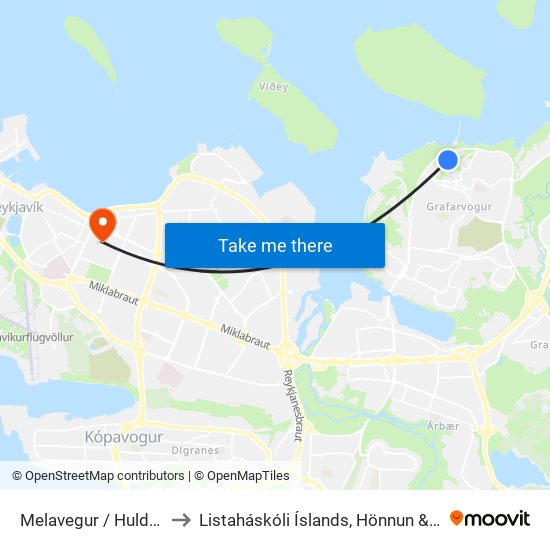 Melavegur / Hulduborgir to Listaháskóli Íslands, Hönnun & Arkitektúr map