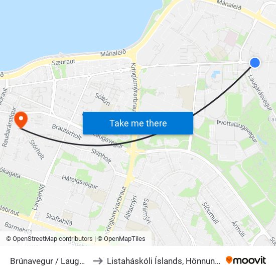 Brúnavegur / Laugarásvegur to Listaháskóli Íslands, Hönnun & Arkitektúr map