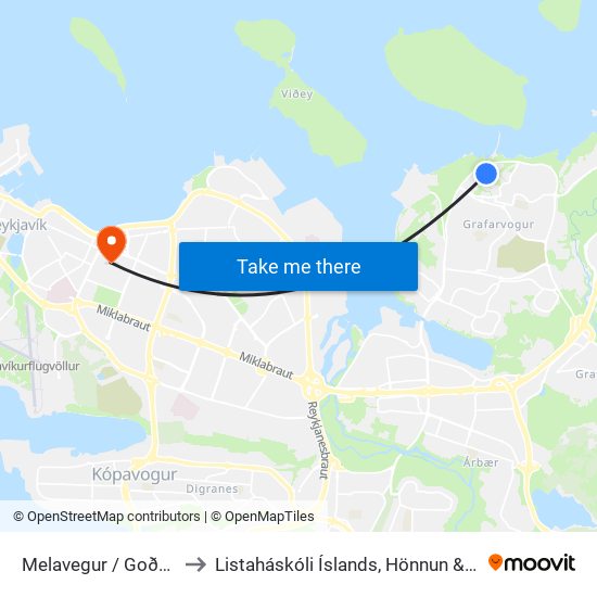 Melavegur / Goðaborgir to Listaháskóli Íslands, Hönnun & Arkitektúr map