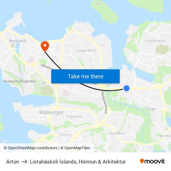 Ártún to Listaháskóli Íslands, Hönnun & Arkitektúr map