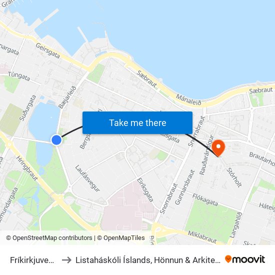 Fríkirkjuvegur to Listaháskóli Íslands, Hönnun & Arkitektúr map
