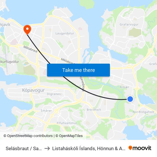 Selásbraut / Sauðás to Listaháskóli Íslands, Hönnun & Arkitektúr map