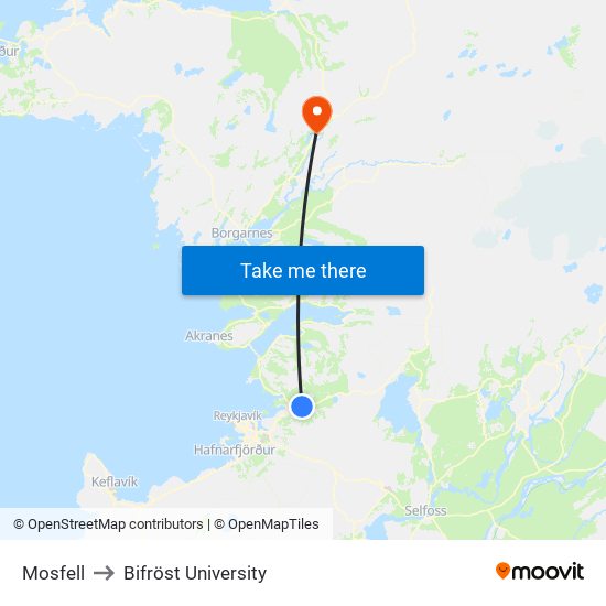 Mosfell to Bifröst University map