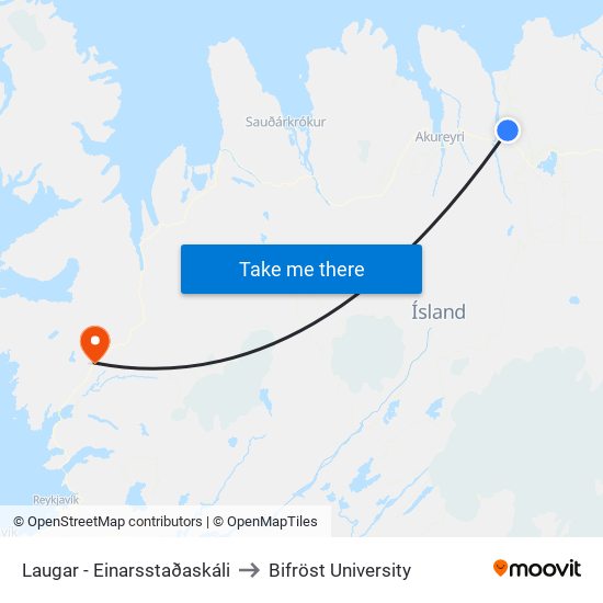 Laugar - Einarsstaðaskáli to Bifröst University map