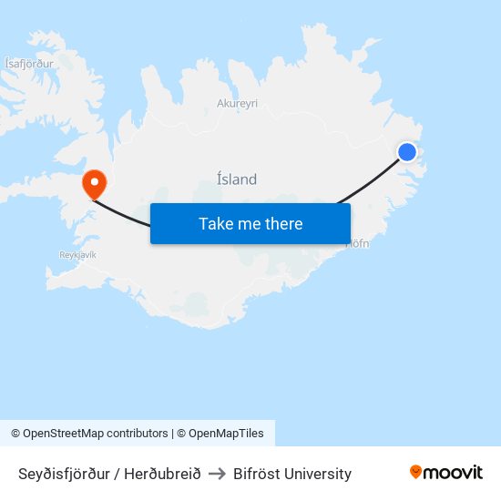 Seyðisfjörður / Herðubreið to Bifröst University map