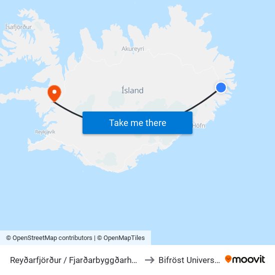 Reyðarfjörður / Fjarðarbyggðarhöllin to Bifröst University map