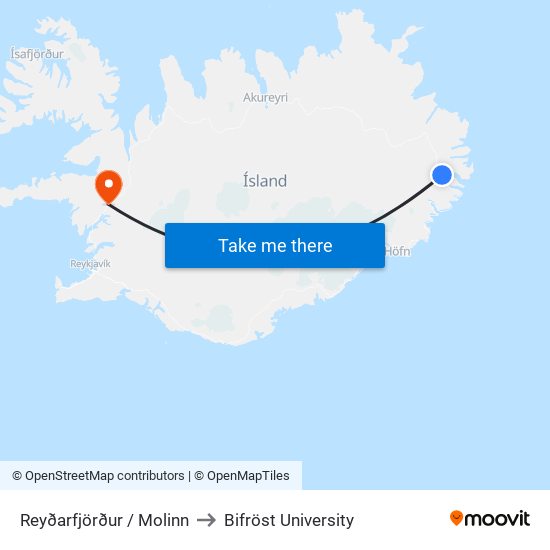 Reyðarfjörður / Molinn to Bifröst University map