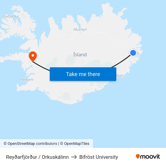 Reyðarfjörður / Orkuskálinn to Bifröst University map