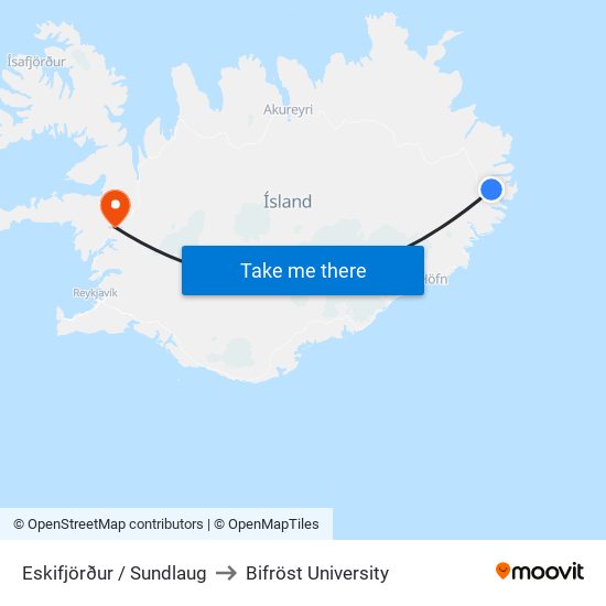 Eskifjörður / Sundlaug to Bifröst University map