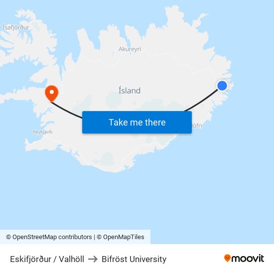 Eskifjörður / Valhöll to Bifröst University map