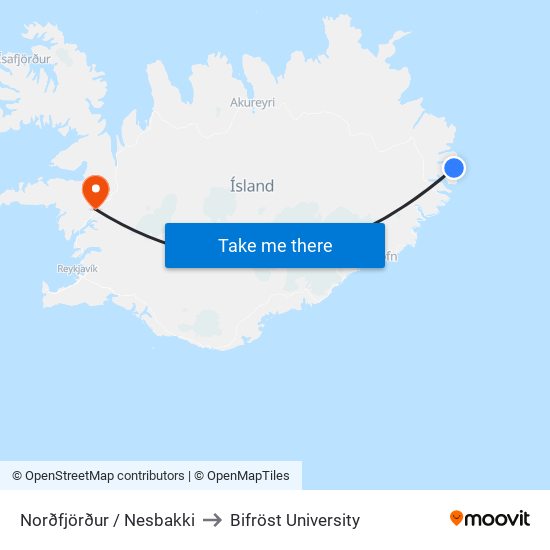 Norðfjörður / Nesbakki to Bifröst University map