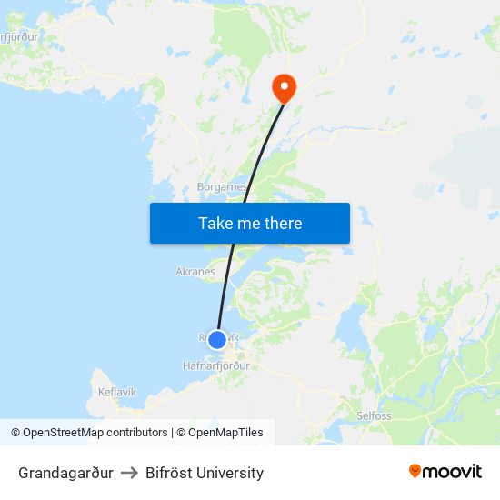 Grandagarður to Bifröst University map