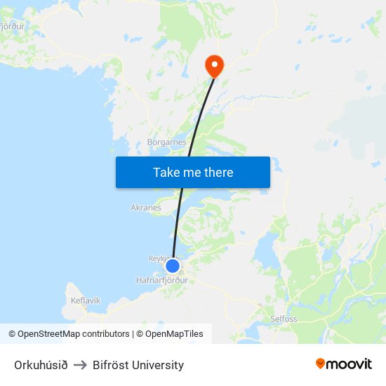 Orkuhúsið to Bifröst University map