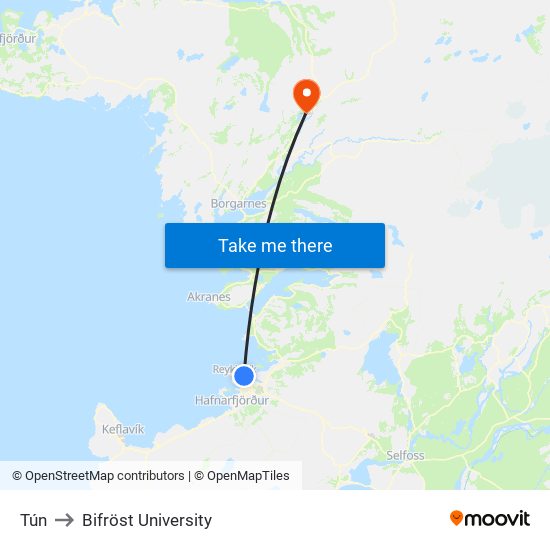 Tún to Bifröst University map