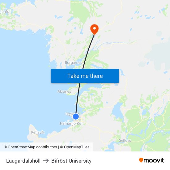 Laugardalshöll to Bifröst University map