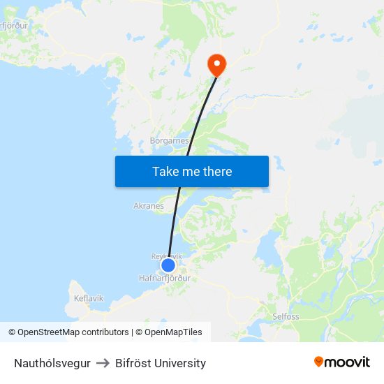 Nauthólsvegur to Bifröst University map