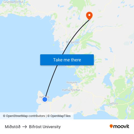 Miðstöð to Bifröst University map