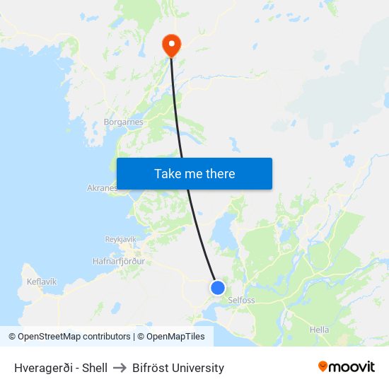 Hveragerði - Shell to Bifröst University map