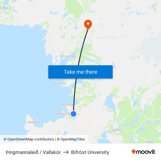 Þingmannaleið / Vallakór to Bifröst University map