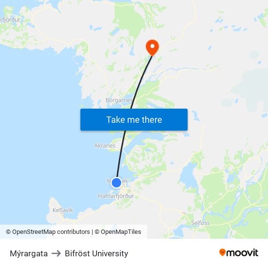 Mýrargata to Bifröst University map