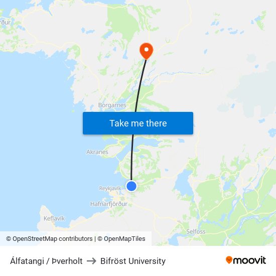 Álfatangi / Þverholt to Bifröst University map