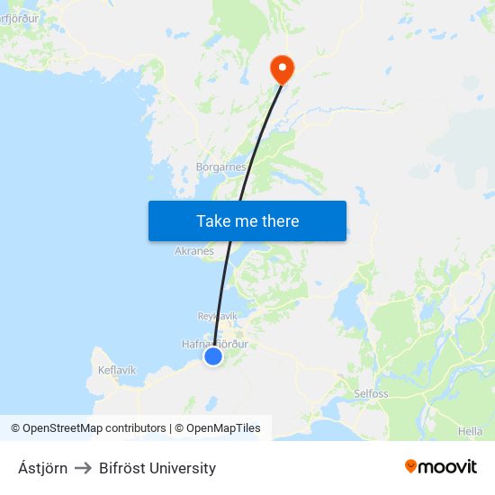 Ástjörn to Bifröst University map