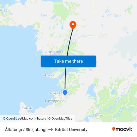 Álfatangi / Skeljatangi to Bifröst University map