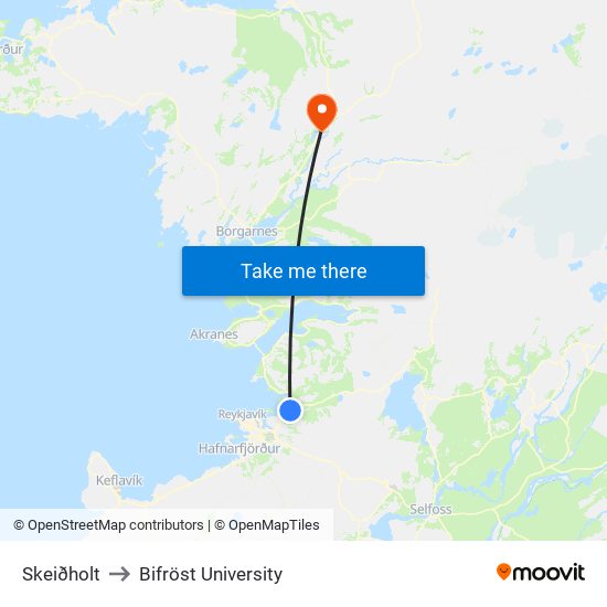 Skeiðholt to Bifröst University map