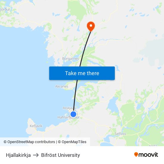 Hjallakirkja to Bifröst University map