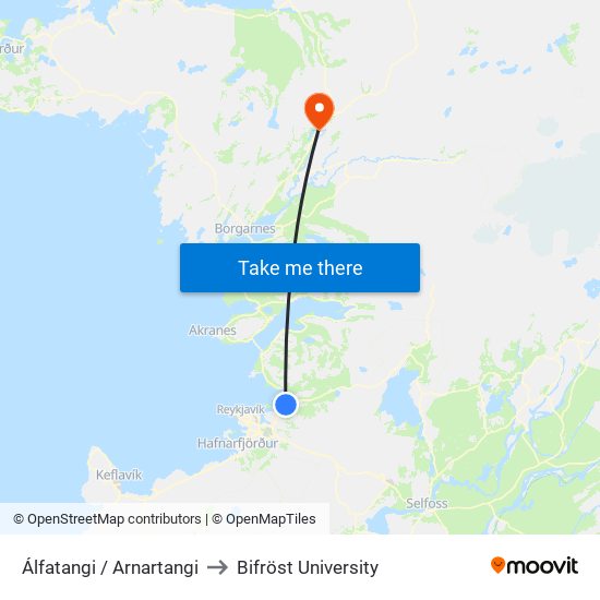 Álfatangi / Arnartangi to Bifröst University map