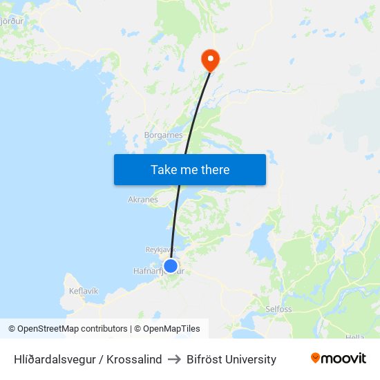 Hlíðardalsvegur / Krossalind to Bifröst University map