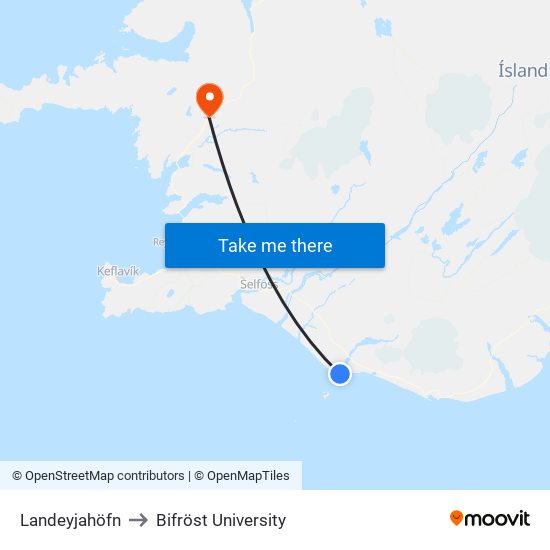 Landeyjahöfn to Bifröst University map