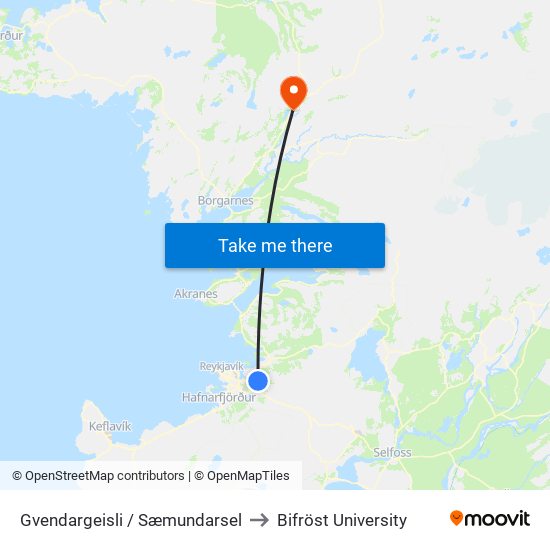 Gvendargeisli / Sæmundarsel to Bifröst University map