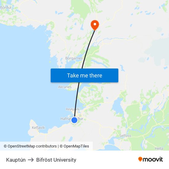 Kauptún to Bifröst University map