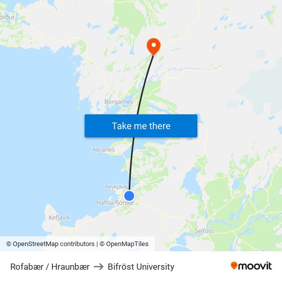 Rofabær / Hraunbær to Bifröst University map